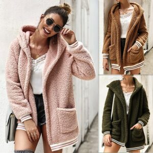 Loose Wool Coat With Hat Striped Long Jacket Winter Thick Warm