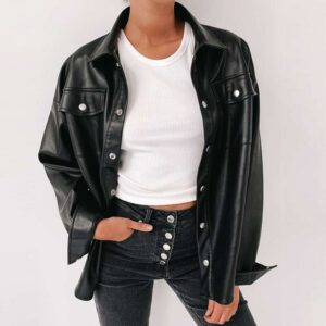 Streetwear Black PU Leather Women Cardigan Buttons Fashion Women's Shirt