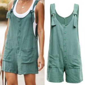 Summer Casual Loose Sleeveless Jumpsuit Solid Button Pocket Suspenders Rompers