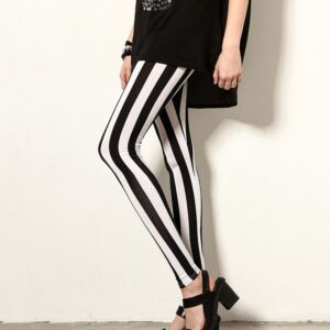 Black White Pants Striped Elastic Trousers Print Fitness Leggings