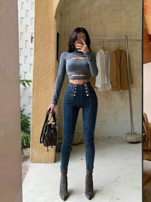 High Waist Jeans Double Breasted Elastic Skinny