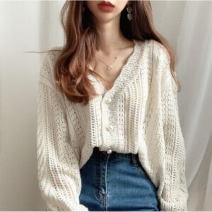 2020 Women Spring Summer Low V-Neck Knit Tops Long Sleeve Hollow Out Sexy Cardigan