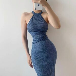 Summer blue pit stripe dress hanging neck sleeveless slit long