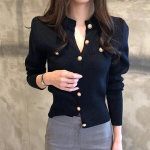 Spring Knitted Long Sleeve Short Coat Casual Single Breasted Slim Chic Ladies Top