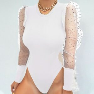 2020 New Lace Puff Sleeve Women 's Bodysuit Autumn Polka Dot Vintage