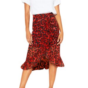 Leopard Print Vintage Long Women's Casual High Waist Pleated Skirt