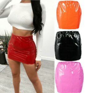 Sexy Pencil Pure Colour PU Leather Skirt Stretch Bodycon