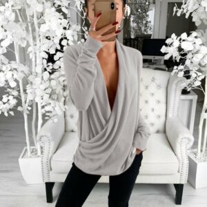 Sexy Casual Loose Deep V Neck Long Sleeve Pleated Wrap Top Shirt