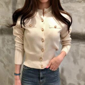 Spring Knitted Long Sleeve Short Coat Casual Single Breasted Slim Chic Ladies Top