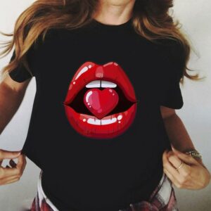 Women Red Mouth Lip Kiss Printed T-shirt Summer Funny