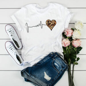 Summer New 90 ’s Leopard Heartbeat Short Sleeve Print Women's T-Shirt