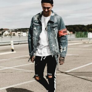 Men's Jean Jackets Streetwear Hip Hop Bomber Jacket Denim Ripped Casual