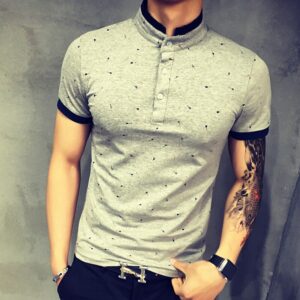 Guitar Printed Stand Collar Polo For Men Short Sleeve Casual Slim Fit