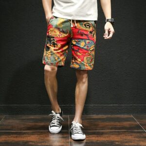 2020 Summer New Hawaiian Style Flower Beach Shorts Men's Cotton Linen Elastic Waist
