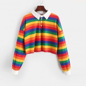 Women Rainbow Patchwork Women's Sweatshirt 2020 Summer Button Turndown Harajuku