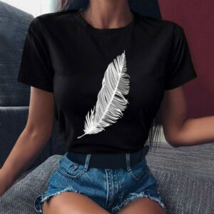 2020 Women Casual Harajuku T-shirt Feather Print Loose O-neck Short Sleeve Elastic