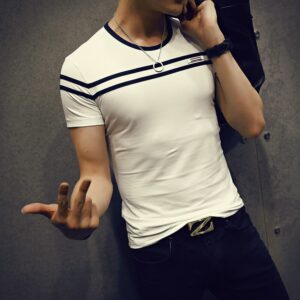 Men's Solid Color T-Shirt Fashion Short Sleeves Stripe Fold Slim Fit Casual