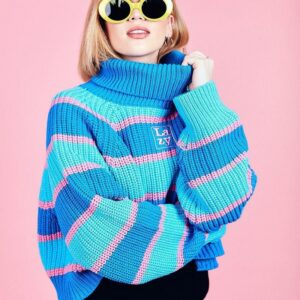 Lazy Wind Letter Embroidery Color Matching Striped High Collar Sweater