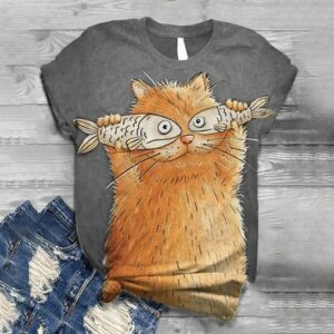 Cat Catch Fish T-shirt Lady Women Short Sleeve 3d Animal Printed Summer