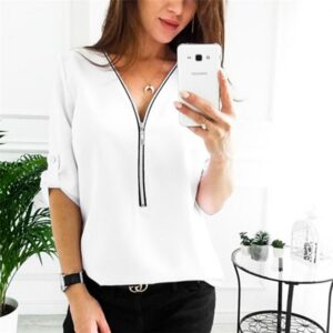 Woman T-shirts V-neck Zipper Five-point Oversized 2020 Summer Casual