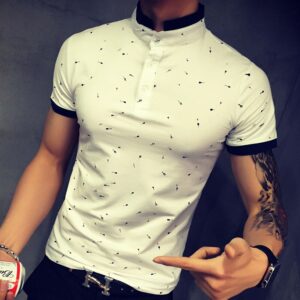 Guitar Printed Stand Collar Polo For Men Short Sleeve Casual Slim Fit