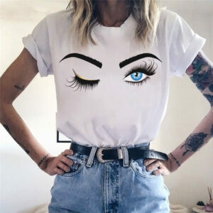 Women T-shirt Princess Makeup Graphic Tee Pink Eyelashes Print Art T-Shirt