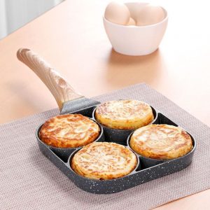 4 Hole Omelet Pan For Burger, Eggs, Ham, Pancake Maker With Wooden Handle