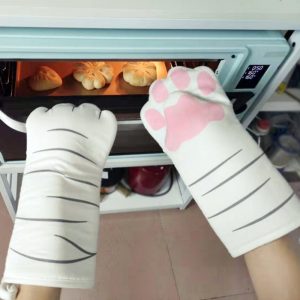 3D Cartoon Cat Paws Oven Mitts Long Cotton Baking Insulation Gloves