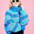 Lazy Wind Letter Embroidery Color Matching Striped High Collar Pullover (Blue One Size)
